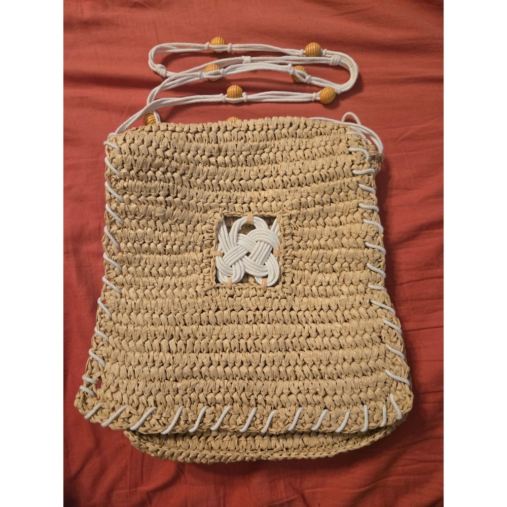 Faded Glory Tan Woven Straw Bohemian Crossbody Bag with Rope & Wood Bead Detail